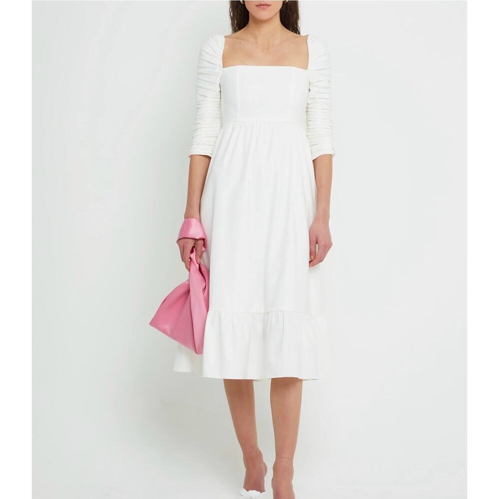 o.p.t Bonnie White Midi Dress –3/4 Accordion Sleeve Square Neck Tiered Hem, Sz L